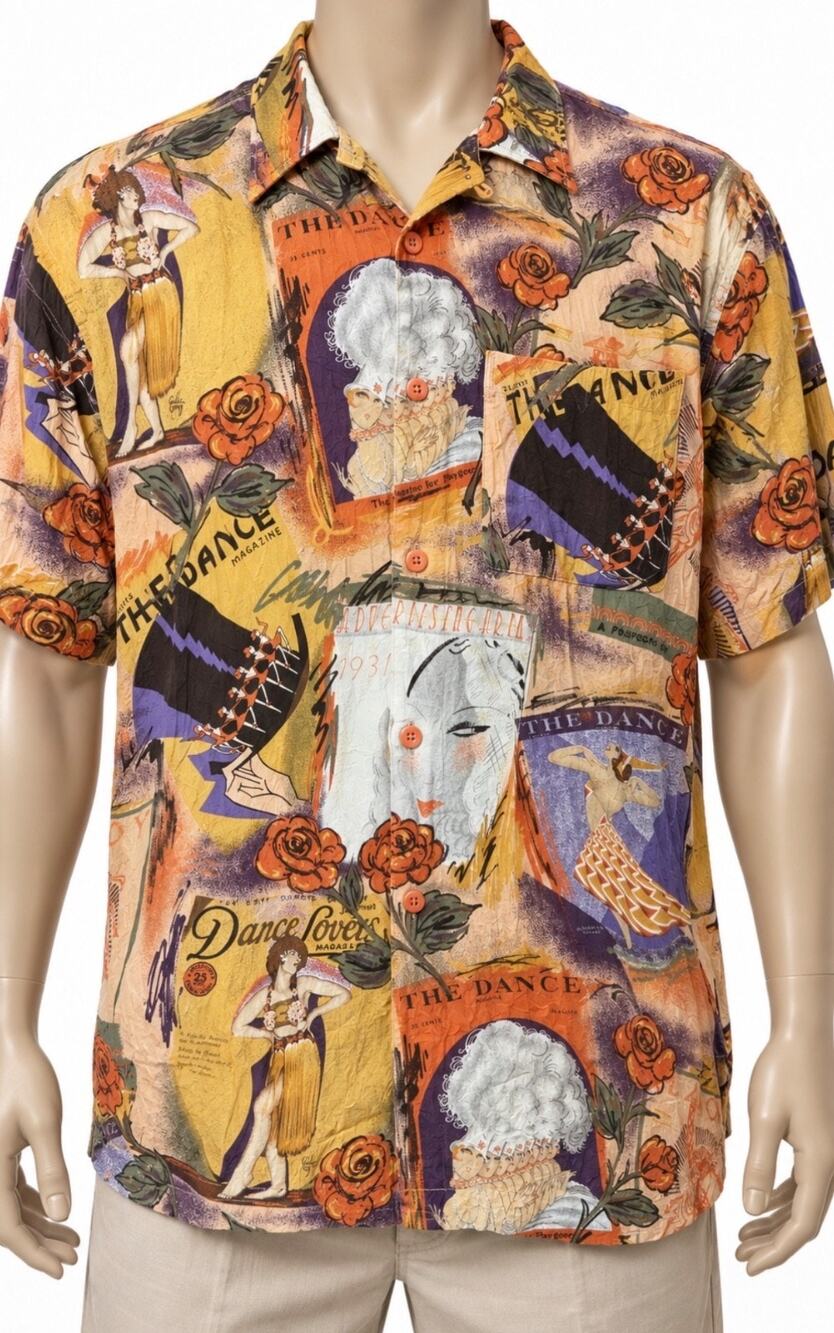 Vintage Jams World Crinkle Shirt 1930s Dance Magazine Collage Novelty Print XXL